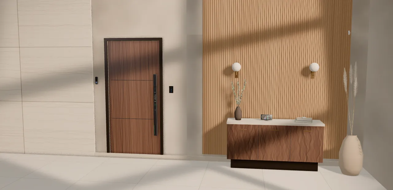 3D line-up of Zonixtec products: smart lock, control panel, touch switch, doorbell, sensor and Zigbee hub